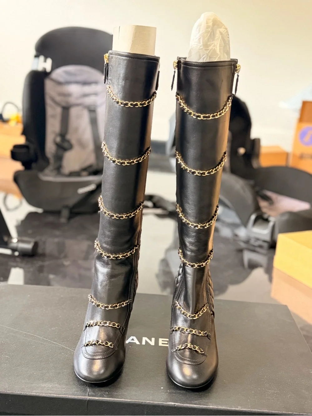 CHANEL Black Quilted Knee-High Chain-Trim Boots